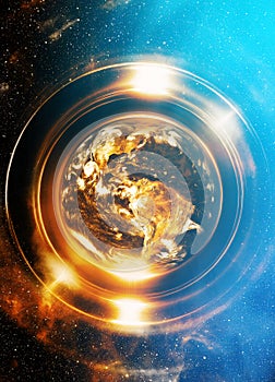 Planet Earth in light circle, Cosmic Space background. Computer