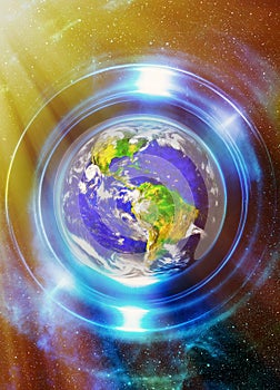 Planet Earth in light circle, Cosmic Space background. Computer collage. Earth concept. Planet earth in light rays