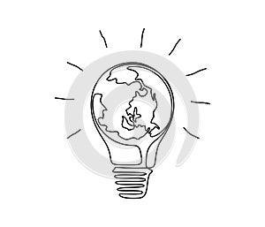Planet earth with lightbulb in one continuous line drawing. Concept of Eco innovation and green energy and global