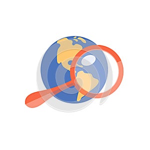 Planet earth and magnifying glass Minimalistic logo flat vector illustration