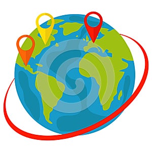 Planet Earth and map pins icon. Locations of locations on the planet Earth.