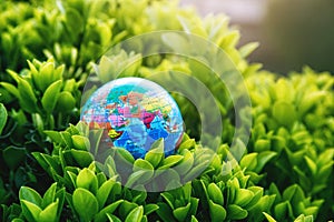 Planet earth model in green plants