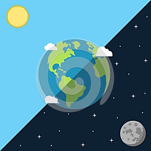 Planet earth with moon and sun for day and night time. Vector.