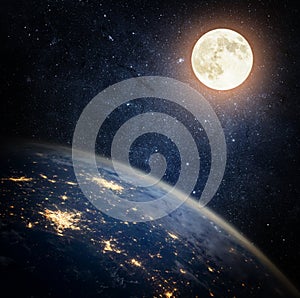 Planet Earth and Moon. View from space to the night sky with stars, the Earth, the Moon. Elements of this image furnished by NASA