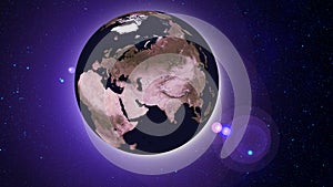 Planet Earth in night time with city lights in space with stars. Africa and Europe side. 3d rendering illustration.