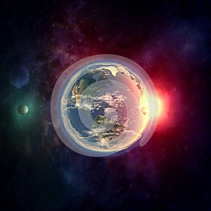 Planet earth in outer space with moon, atmosphere and sunlight