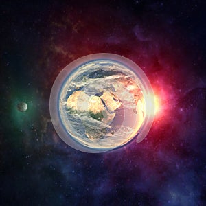 Planet earth in outer space with moon, atmosphere and sunlight