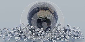 planet earth over many canisters of coronavirus vaccine