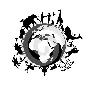 Planet Earth with people and animals black silhouette vector