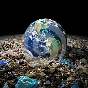 Planet Earth in a pile of trash, a concept of environmental neglect