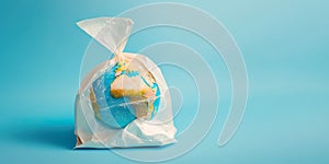 Planet earth in plastic bag on bright pastel blue background. Minimal creative concept of dystopian future. Climate change or