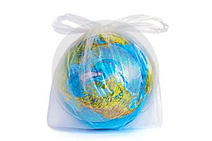 Planet Earth in polyethylene plastic disposable bag