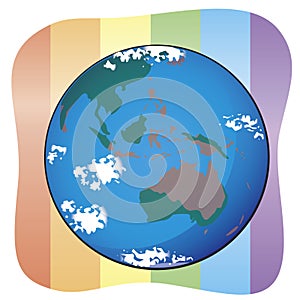 Planet earth on rainbow flag background as lgbtq, homosexuality, gay concept, vector stock illustration with multicultural