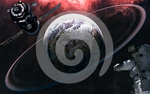 Planet Earth with rings. Astronaut out of focus. Space station blurred in motion. Solar system. 3D Render