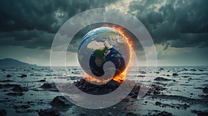 Planet Earth\'s environment heats up Climate change global warming conceptual theme. Generated AI.