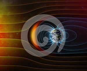 Planet Earth`s magnetic field against Sun`s solar wind photo