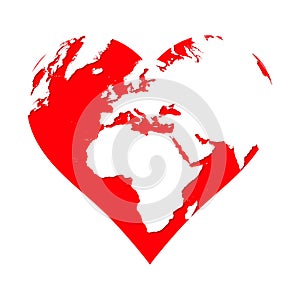 Planet Earth in the shape of a red heart. Love symbol isolated on white background