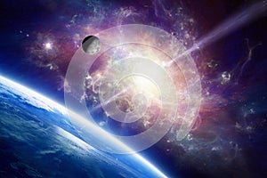 Planet Earth in space, Moon orbits around Earth, spiral galaxy