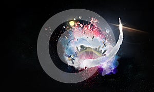 Planet Earth and space ship in the outer space. Elements of this image furnished by NASA