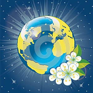 Planet earth with spring flovers.View from space