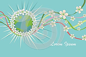 Planet earth with spring flowers,curly ribbons.eps