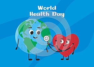 Planet Earth with stethoscope and red heart on blue background. World Health Day. Vector illustration