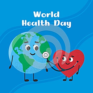 Planet Earth with stethoscope and red heart on blue background. World Health Day. Vector illustration