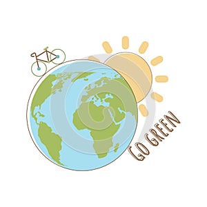 Planet Earth, sun and bike with lettering. Associations Sustainable development. Earth Day and World Environment Day