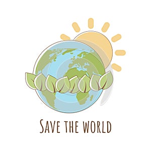 Planet Earth, sun and leaves with lettering. Associations Sustainable development. Earth Day and World Environment Day