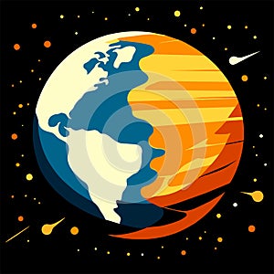 Planet Earth with the sun. Vector illustration on a black background. Generative AI