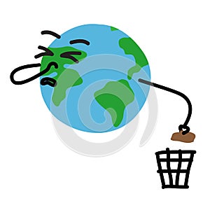 Planet Earth throws garbage in the trash. Global problems.