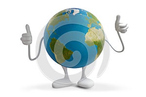 Planet earth thumbs up globe figure mascot 3d-illustration