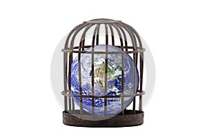 Planet Earth trapped in old rusty cage isolated on white. Lockdown concept