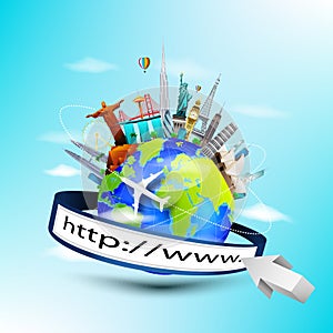 Planet earth travel the world concept with address bar on blue sky background