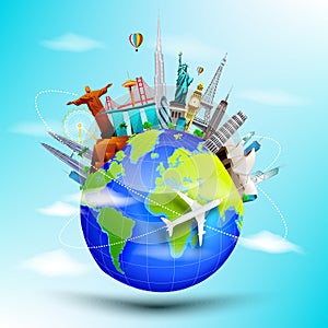 Planet earth travel the world concept on blue skyline background