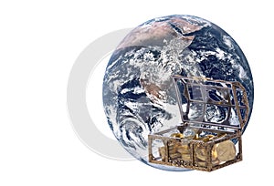 Planet Earth with Treasure Chest Isolated