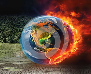 planet earth with trees and green grass on one side fire on the other