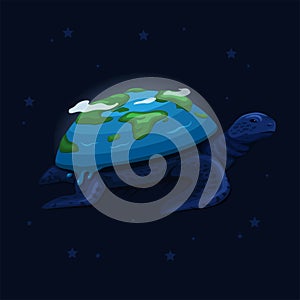 Planet Earth on Turtle back swim on space creation myth concept in cartoon illustration vector