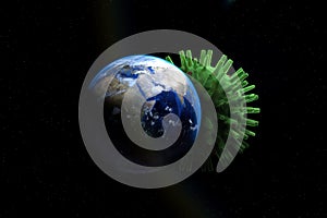 Planet earth and virus. Great danger to the world covid-19 attack 3d render photo manipulation, corona virus illustration