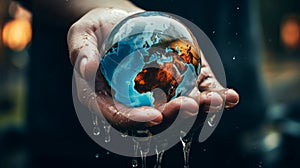 Planet earth in a water ball, a sphere from which water is dripping in the hands of a man.