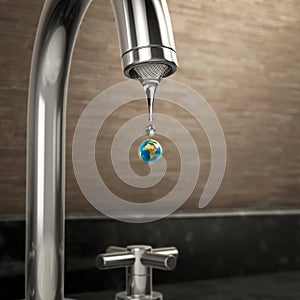 Planet earth water drop coming out of the tap