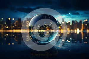 Planet Earth on Water Floor with Blurred City Lights Background at Night