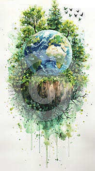 Planet Earth in watercolor drawn on a white background.