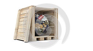 planet Earth in wooden crate with Fragile label stuck on it - 3D render