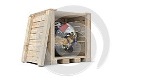 planet Earth in wooden crate with Fragile label stuck on it - 3D render