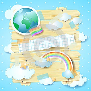 Planet earth on wooden panel and rainbow flag, concept illustration