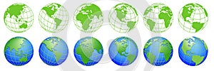 Planet Earth, world globe maps, set of ecology icons