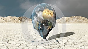 Planet earth or the world melting in a barren and dry land or desert. Global warming, ecology, climate change 3D rendering