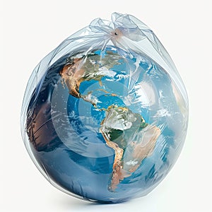 Planet Earth wrapped with plastic bag. Earth day ai generated illustration. Isolated on white background. Save environment with