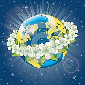 Planet earth with wreath of spring flovers.View fr